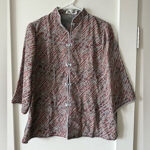 VINTAGE 1980s Silk Mandarin Collar Red Blue Print Top Frog Chinese Asian